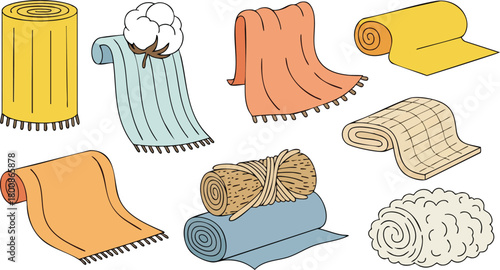 Collection Of Rolled Up Towels Blankets And Yoga Mats In Various Colors And Sizes On White Background