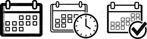 Black Calendar Icons with Clock and Checkmark on a White Transparent Background
