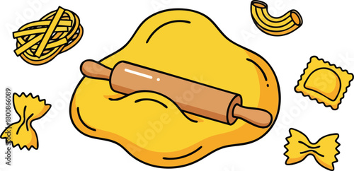 Yellow pasta dough with wooden rolling pin and assorted pasta shapes including farfalle fettuccine and ravioli