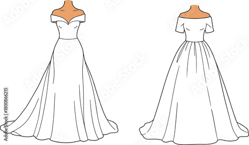 Elegant fashion vector illustration of a wedding dress silhouette isolated on white, perfect for a bride's style and celebration design