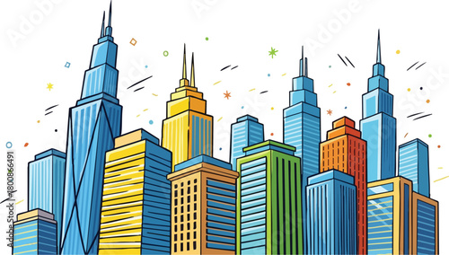 Modern Cityscape With Tall Buildings In Blue Yellow Orange Green And White Colors On A White Background
