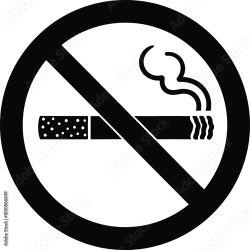 Black cigarette with smoke icon inside crossed circle on transparent background