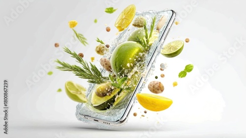 A smartphone with a green lime, rosemary, and lemon slices floating inside it, against a white background.