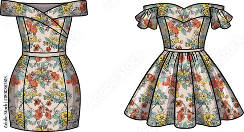 Floral Off-Shoulder Dress Vector with Sheath and A-Line Silhouettes, Puff Sleeves, Seam Details for Fashion, Style, and Design Themes
