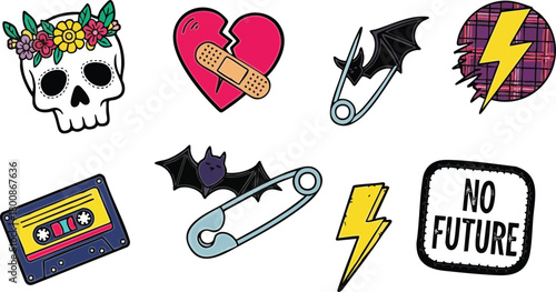 Pixel art collection of symbols skull cassette tape lightning bolt broken heart no future bat safety pins