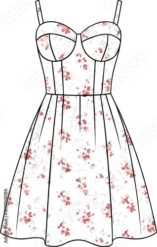 Floral summer dress vector illustration with sweetheart neckline, fitted bodice, flared skirt, sleeveless design for fashion and garment inspiration