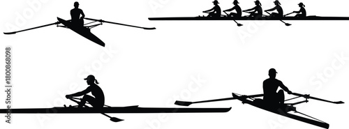 Rowing team silhouette illustration with athletes paddling on boats, water sport competition concept, teamwork and endurance training vector design template