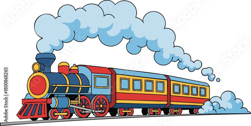 Colorful steam train locomotive with passenger cars emitting blue smoke on white background
