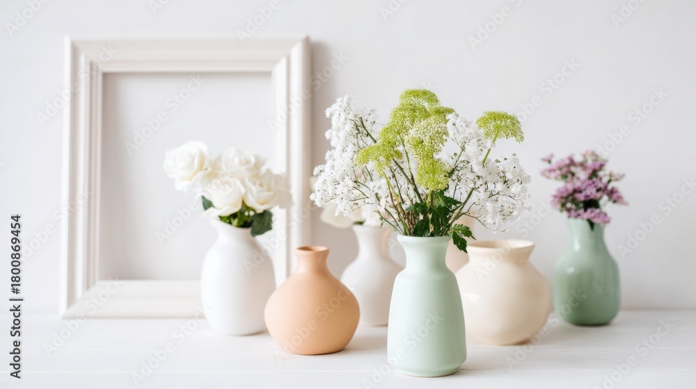 Fototapeta premium Elegant floral arrangement featuring soft pastel vases against a clean white background with a picture frame