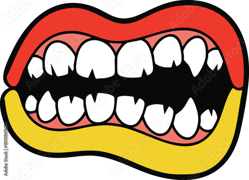 Cartoon Mouth With Red Lips And Yellow Chin Showing White Teeth And Black Inner Mouth Against White Background