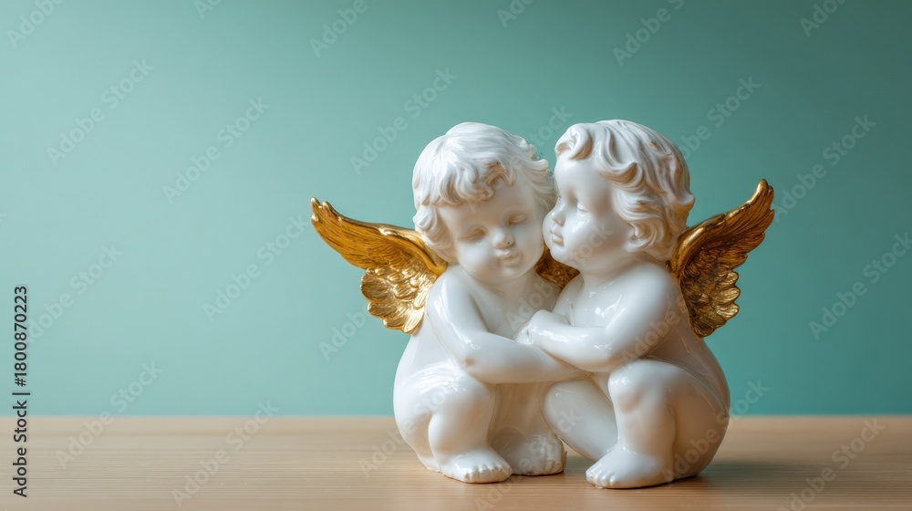 Naklejka premium Two Serene Angel Figurines Embracing, Symbolizing Love, Protection, and Comfort, Perfect for Holiday Greetings and Home Decor
