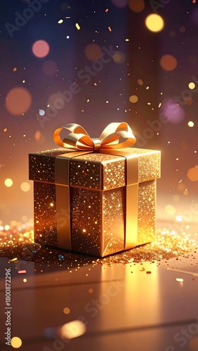 A dazzling golden gift box with a ribbon on top, glistening with glitter. Soft background bokeh adds a festive touch