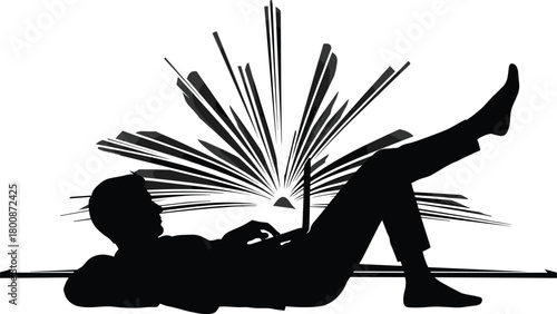 Man silhouette lying down using laptop, large open book with light rays, online education concept, imagination and knowledge vector.