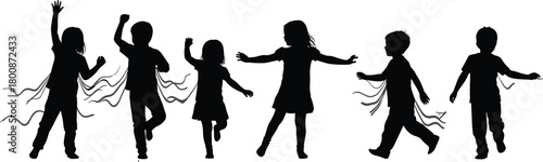 Group of happy children silhouettes, kids dancing and playing, joyful boys and girls running, isolated vector illustration with motion lines.
