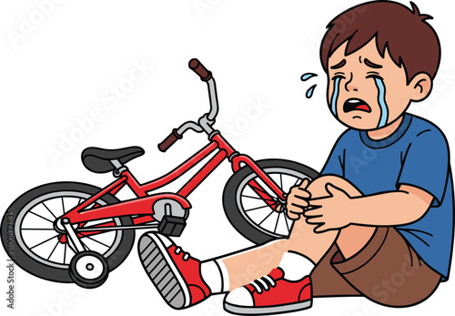 Sad child, crying boy, injured knee, bike accident, toddler fall, emotional moment, outdoor mishap, parenting, childhood pain, learning experience