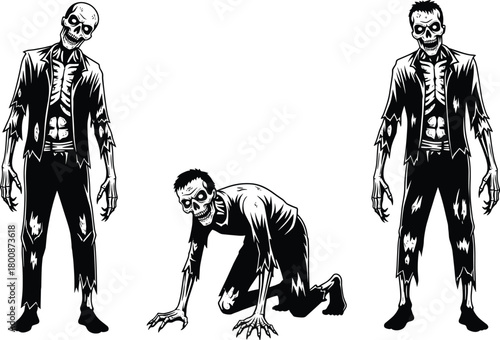 Creepy zombie silhouettes in horror poses, undead characters crawling and standing, Halloween themed black and white vector illustration for spooky design
