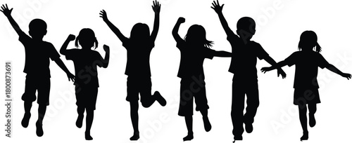 Group of happy children silhouettes, kids running, jumping, and playing, joyful boys and girls in motion, isolated vector illustration.