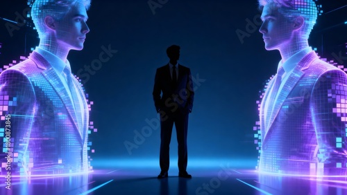 Digital businessmen avatars with person in the middle on blue background