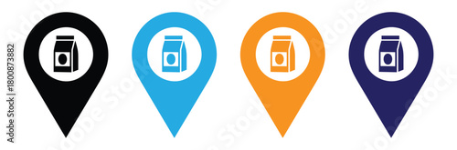 Colorful coffee location pin markers for shop finders,Shopping store location map pin pointer in black circle icon. Element of map point for mobile concept and web app. I