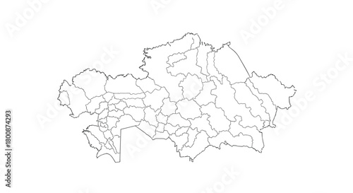 An outline map of Kazakhstan, depicting its administrative divisions and regional borders, isolated on a white background.