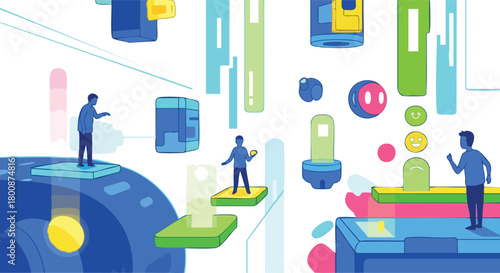 Pixelated figures navigating abstract digital landscape with geometric shapes and floating platforms under bright illumination