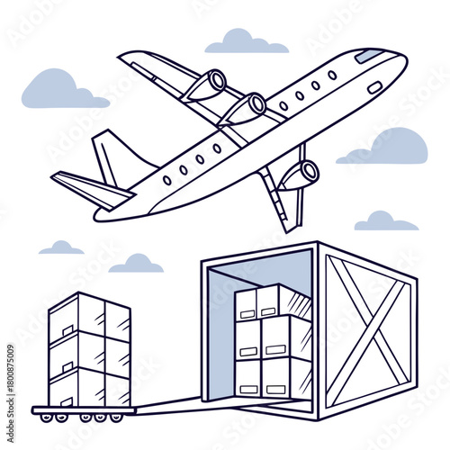Illustration of a cargo plane flying over a shipping container loaded with boxes, representing air freight and global trade, isolated on