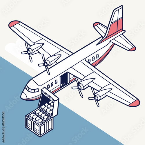 Isometric illustration of a cargo plane being loaded with a crate of goods, showcasing air freight and logistics, isolated on