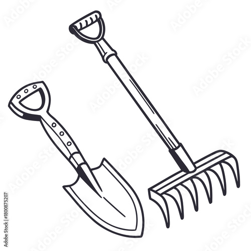 Black and white illustration of a shovel and rake, showcasing essential gardening tools, isolated on, perfect for landscaping and agricultural themes