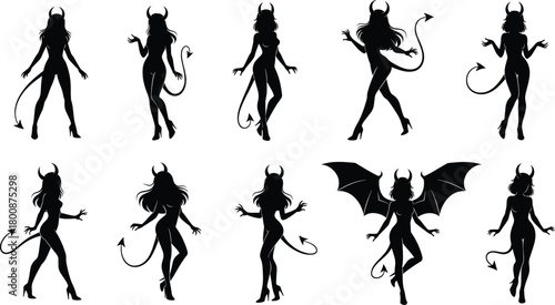 Devil woman silhouette vector set with horns, tails, wings, and seductive poses for fantasy, dark, gothic, and mythical design themes