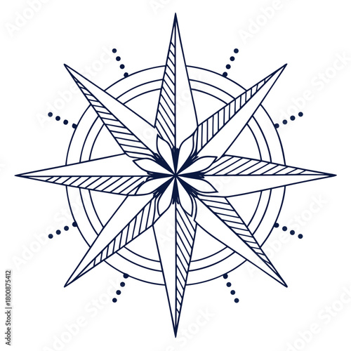 A captivating handdrawn compass rose illustration, isolated on, ideal for nautical themes, travel designs, or symbolic representations of direction