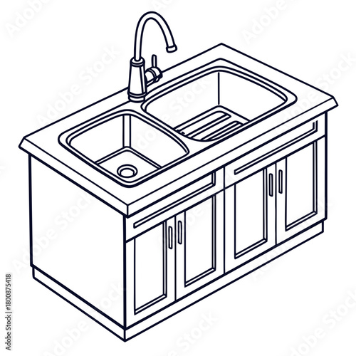 A kitchen sink with cabinets, isolated on, is a common fixture in homes, providing a space for washing dishes and food preparation, often