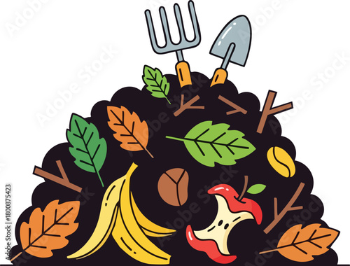 Compost pile with garden tools banana peel apple core leaves and twigs during the day