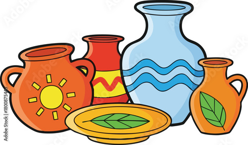 A Collection Of Colorful Terracotta Pottery Vases And A Dish With A Leaf Design In A Studio Setting