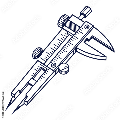Detailed illustration of a caliper, a precision measuring instrument used in engineering and manufacturing, isolated on