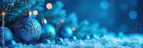 Abstract blue Christmas background, snowflakes, baubles, copy space , holiday, christmas tree, xmas