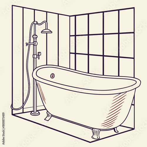 Illustration of a clawfoot bathtub with a showerhead in a bathroom with tiled walls isolated on classic bathroom fixture in vintage style
