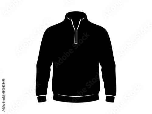 Black minimal zip pullover silhouette, flat style, fashion-forward, modern, perfect for branding, apparel design, or creative clothing projects.