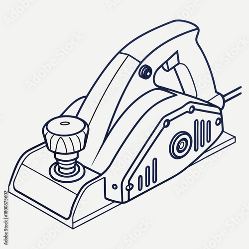 Detailed line drawing of an electric planer, showcasing its design and functionality, perfect for woodworking and construction related projects isolated on
