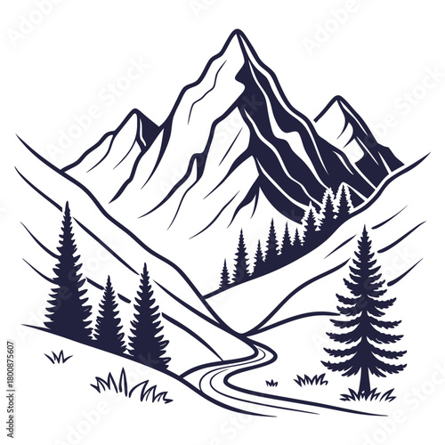 Majestic mountain range with snowcapped peaks, winding road, and evergreen trees, creating a serene and picturesque landscape isolated on