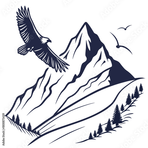 Majestic eagle soars over mountain peaks with evergreen trees, embodying freedom and wilderness isolated on