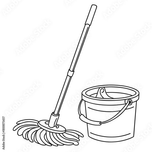 Illustration of a string mop and bucket isolated on, ideal for cleaning floors and maintaining cleanliness in homes, offices, and commercial spaces
