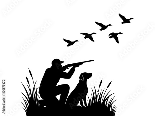 Hunter dog ducks lake silhouette, black vector art shows man aiming with dog, wild birds, marsh grass, and water reflection in a flat style.