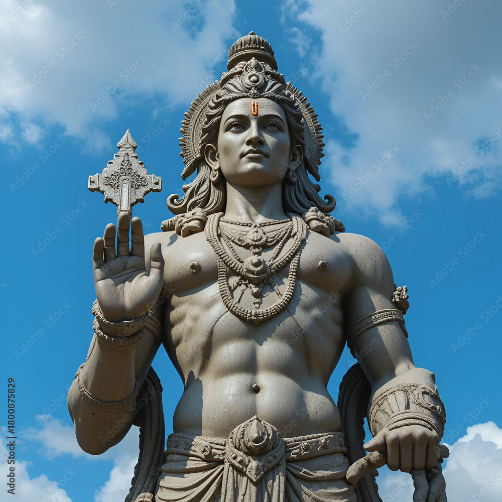 Obraz premium Majestic Lord Hanuman statue portrait, powerful Hindu god of strength and devotion, against sky background in India, stone sculpture