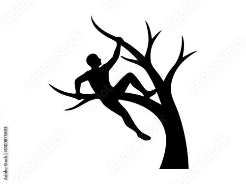 Tree climbing arborist safety gear silhouette shows professional worker using ropes, helmet, harness, and modern equipment in a minimal, bold black and white style.