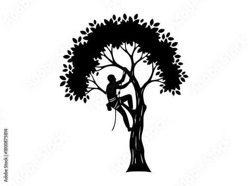 Tree climber silhouette with harness, safety gear, strong pose, adventure, and outdoor work. Black and white vector for arborist themes.