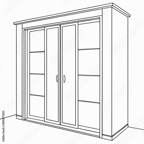 A wardrobe with sliding doors and glass panels isolated on the closet is empty and has a simple, modern design with shelves