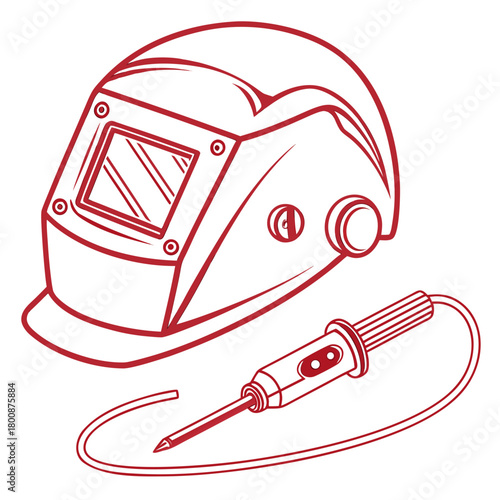 Welding mask and soldering iron, isolated on the mask is white with a red outline, and the soldering iron is red with a white handle