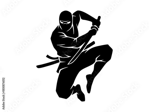 Ninja silhouette sword dynamic pose, leaping in action, sharp lines, minimal black and white, martial arts, energetic and bold movement.