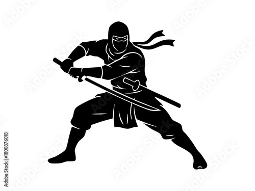 Ninja silhouette action sword jump. Dynamic black figure leaps with sword in hand, expressing agility, mystery, and martial arts energy.