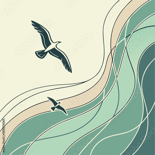 Hand drawn vector illustration featuring seagulls flying above abstract waves, creating a nauticalinspired design isolated on